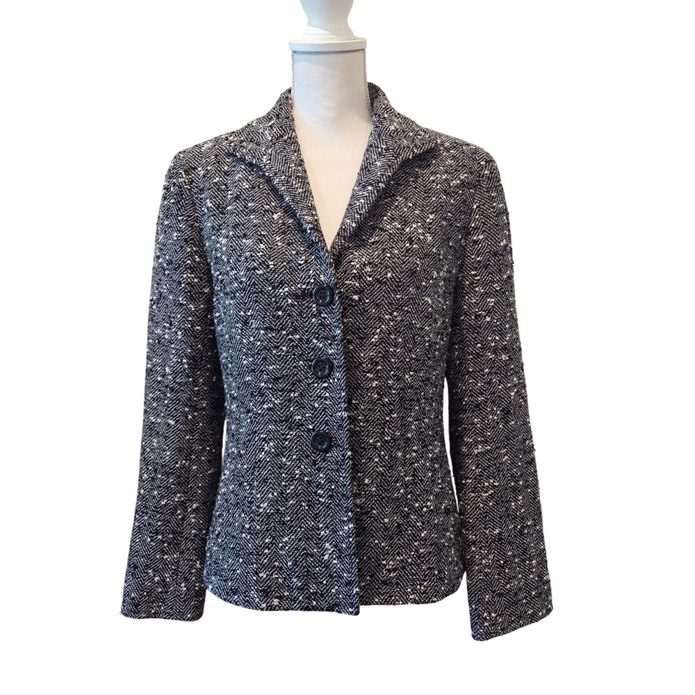 Lafayette 148 Wool Herringbone Blazer Black White Tweed Dark Academia Size 8